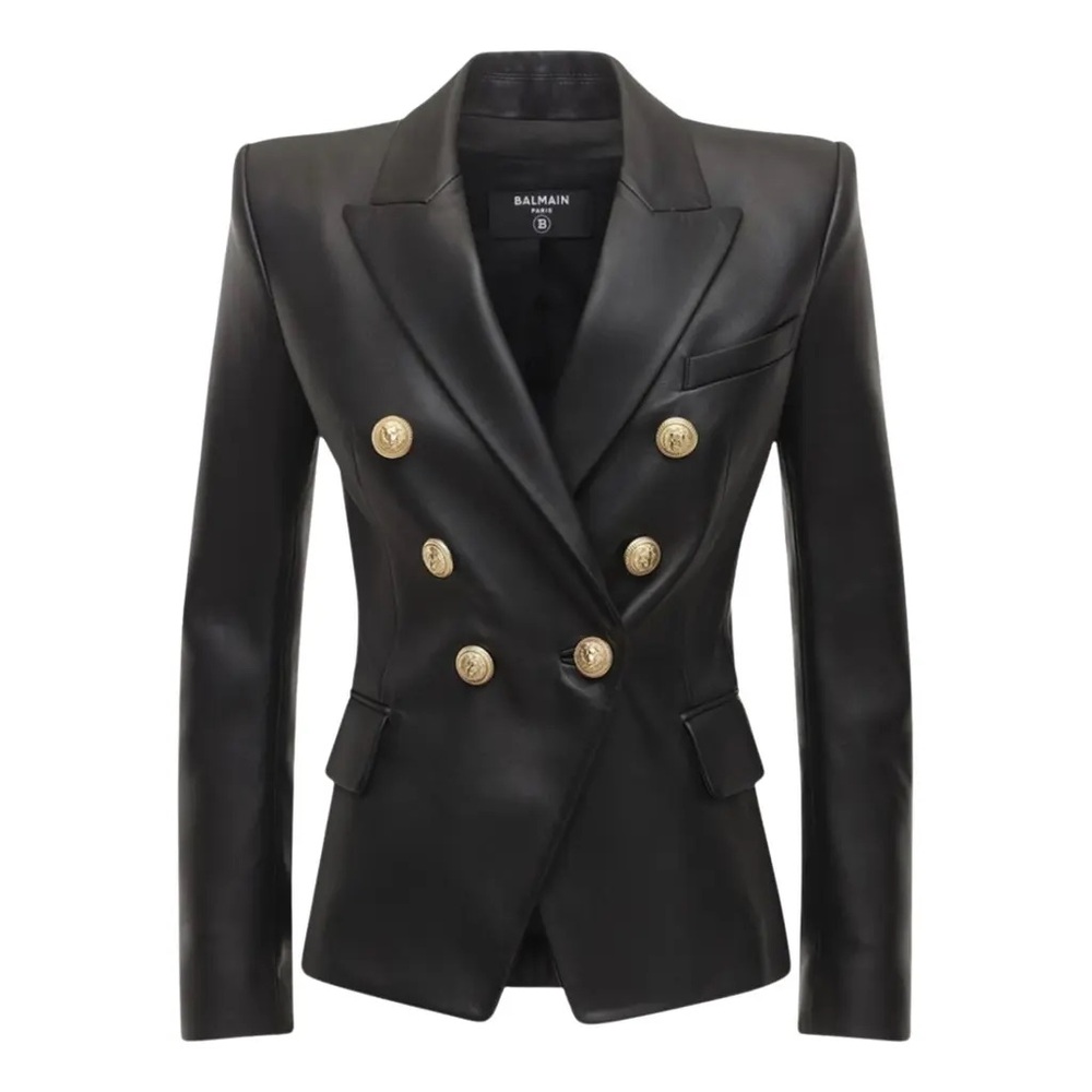 BALMAIN Double Breasted Leather Jacket In Black with Gold-colored Buttons Blazer